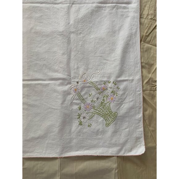 Vintage Embroidered Tablecloth with Floral Basket Design 50" x 53" White - Picture 3 of 8